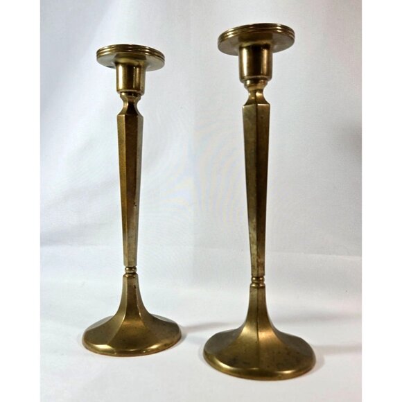 Solid Brass Candlestick Set 8.5" Tall Vintage Art Deco Style for Tapered Candles - Picture 1 of 12